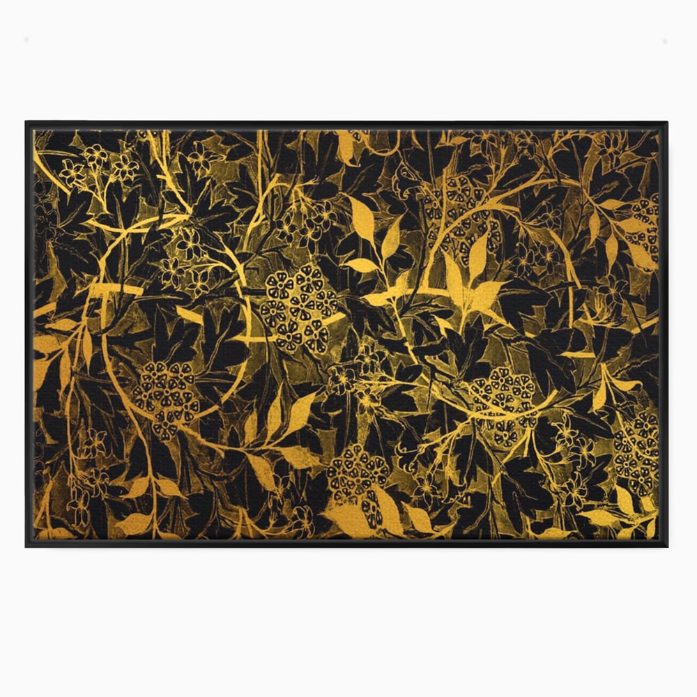 Tablou canvas cu model floral auriu pe fond negru, in rama de aluminiu negru
